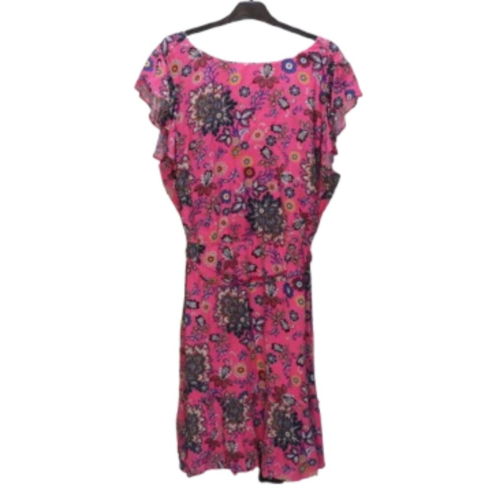 Loft Flutter Sleeve Ruffle Hem Pink Floral V Neck Dress Open Back Size 20 - Picture 3 of 14